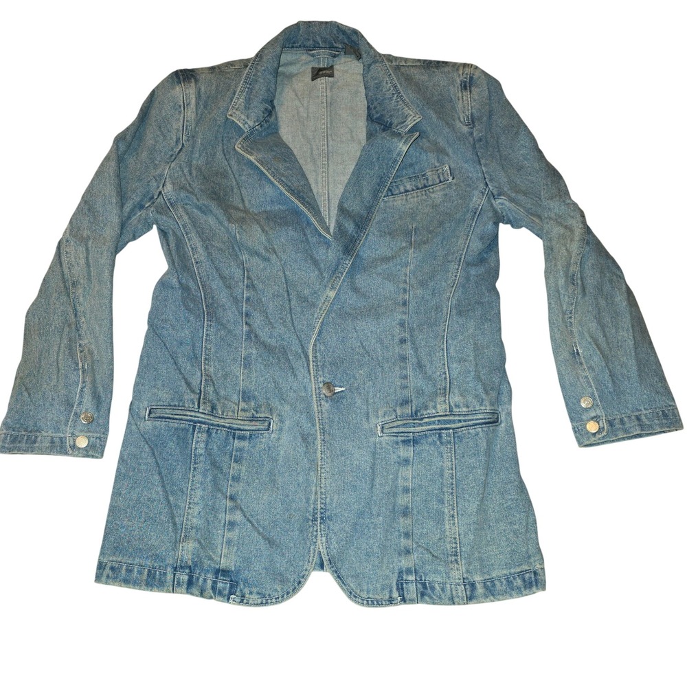 LizWear Long Denim Jean Jacket Women's Size 10 Pockets 100% Cotton Vintage 1990